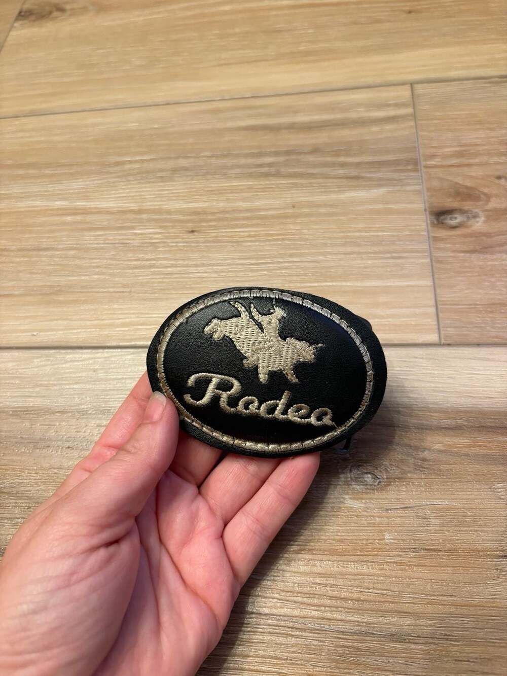 Vintage Rodeo Bull Rider Embroidered Leather Belt Buckle
